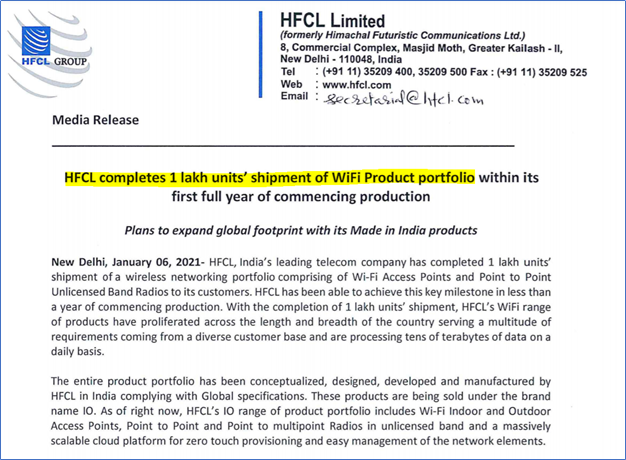 Company’s own designed Wi-Fi product backed by UBR(Unlicensed Band Radio) technology, has been sold to the tune of 1 Lakh units already, see exchange disclosure.see attached screenshot