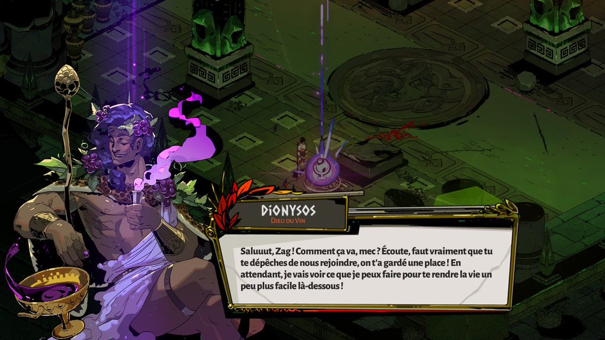 Dionysos is awful, as expected. Same slight clunkiness but the tone is there. “Mec” is absolutely the right address for him to use, though it ends up overlapping with Skelly somewhat as a result.