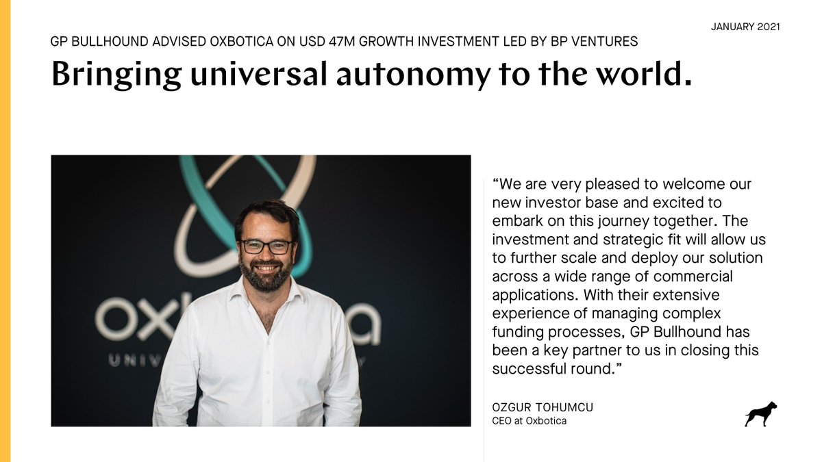 GPBullhound's tweet photo. Proud to have advised one of the world’s leading autonomous driving software companies Oxbotica on a USD 47m investment let by bp ventures.
Full story here => https://t.co/OjEDuawb17
#autonomy #autotech #software #oxbotica #bpventures
@hugh_gpb @sraeymaekers https://t.co/qtGr0OTORR