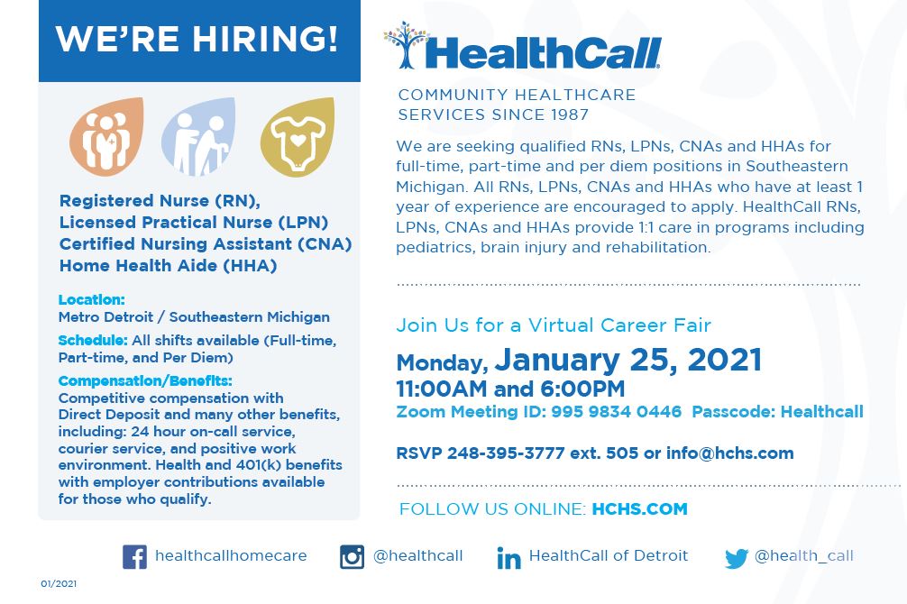 HealthCall is hiring RNS, LPNs, CNAs, and HHAs! We are hosting a virtual career fair to give more information about our open positions! To join, please register at:

11am  eventbrite.com/o/31780995525
6pm eventbrite.com/o/healthcall-3…

#nursing #LPN #privateduty #CNA #nursingassistance