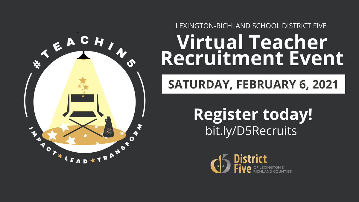 📣 #LexRich5Schools announces plans for the 2021 #TeacherRecruitment Event on February 6! Experience our #TeachIn5 family virtually and begin a career in School District Five.

✨Register: bit.ly/D5Recruits
▶ More: bit.ly/35xPJ6U 

#ColumbiaSC #SouthCarolina