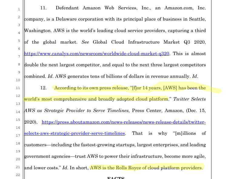 Now we move into the "Parties" section, where Parler tells the court who it's suing. This particular paragraph is basically "but your Honor, we REALLY REALLY want to use AWS"