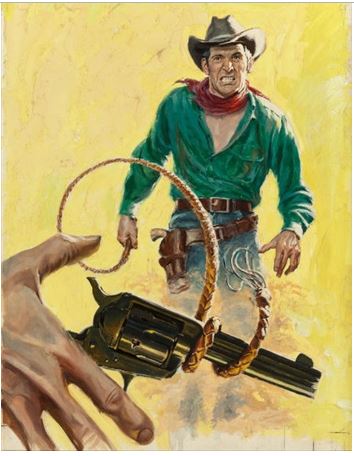 More Tom Ryan western themed art. He did a lot of book jacket paintings and is also known for basically a longitudinal look at a single ranch over decades.