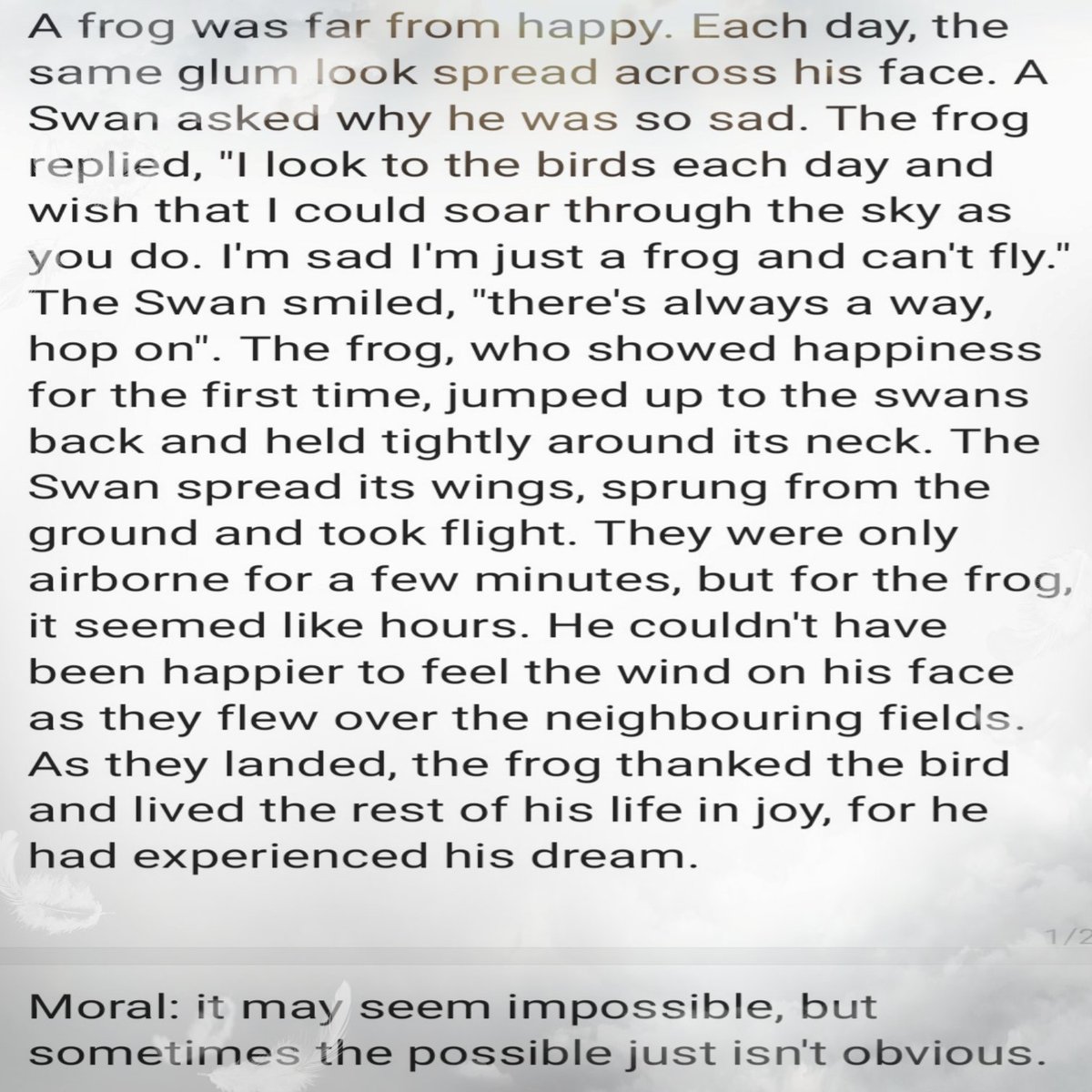 GroukZ's tweet photo. The Frog who Flew

🙌 - it may seem impossible, but sometimes the possible just isn't obvious.

#motivationalquote #motivational #motivation #Inspire #inspirational #tuesdayvibe #tuesdaymotivations #shortstories #storytime #story https://t.co/xjEGvyiMl5