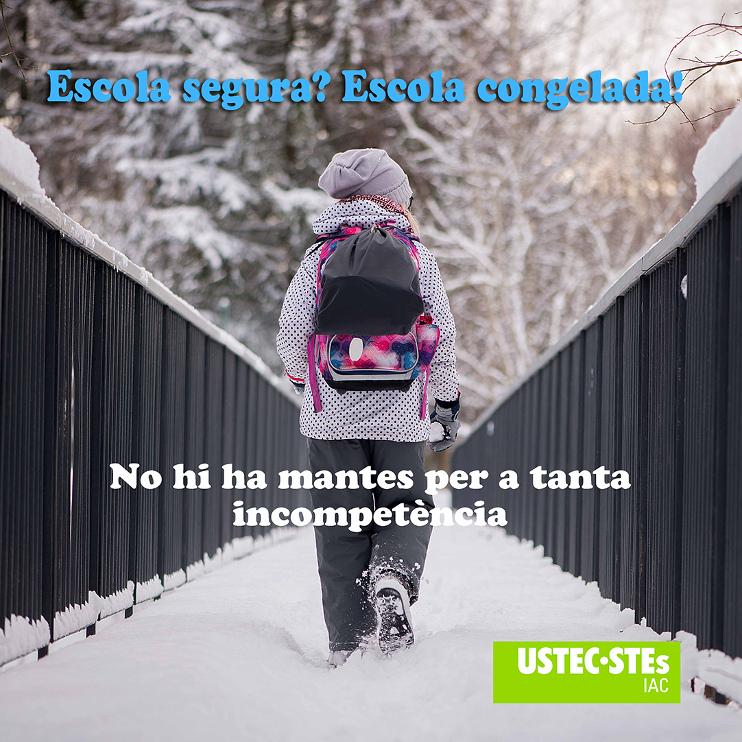 USTECSTEs's tweet photo. El retorn a les aules es produeix en plena onada de fred, que fa més difícil ventilar les aules sense que els alumnes es pelin de fred a classe. Escola segura? Escola congelada! No hi ha mantes per a tanta incompetència. #escola #filomenacatalunya #nevada2021 #bargonya https://t.co/snlvmV8xAM