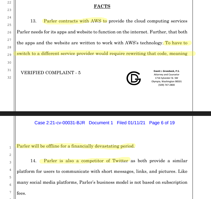 Next, they describe what's happening: We built our product around AWS, they're kicking us off, and it's going to really suck for us.Also, we're a competitor of Twitter. This is important, because we're about to segue into their evidence of an antitrust conspiracy