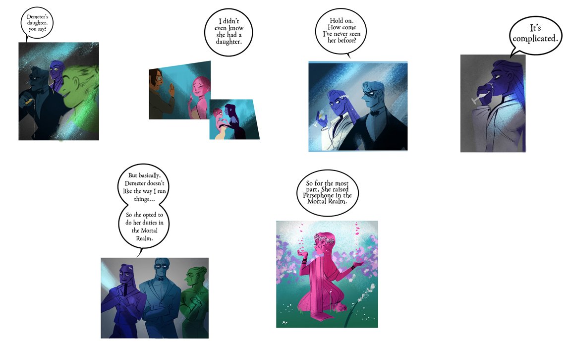 Exposition to explain why Hades does not know Persephone: conflict between Demeter and Zeus.