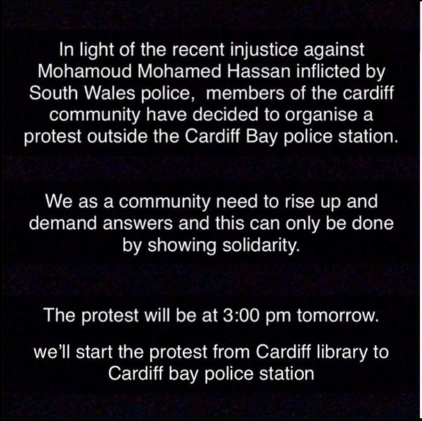 POC4INDY's tweet photo. There is a protest today outside of Cardiff Bay Police Station. The family give their consent for this demonstration+ask for no violence.

It starts in just over 30 mins outside #CardiffLibrary+will go to #Cardiff Bay Police station.

#Justice4Mohamud #BlackLivesMatter https://t.co/HrYfFikgze