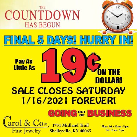 CarolCoJewelry's tweet photo. The countdown has begun! This is our final week. Stop by and see us one last time before we close. https://t.co/nwSOKWoADC