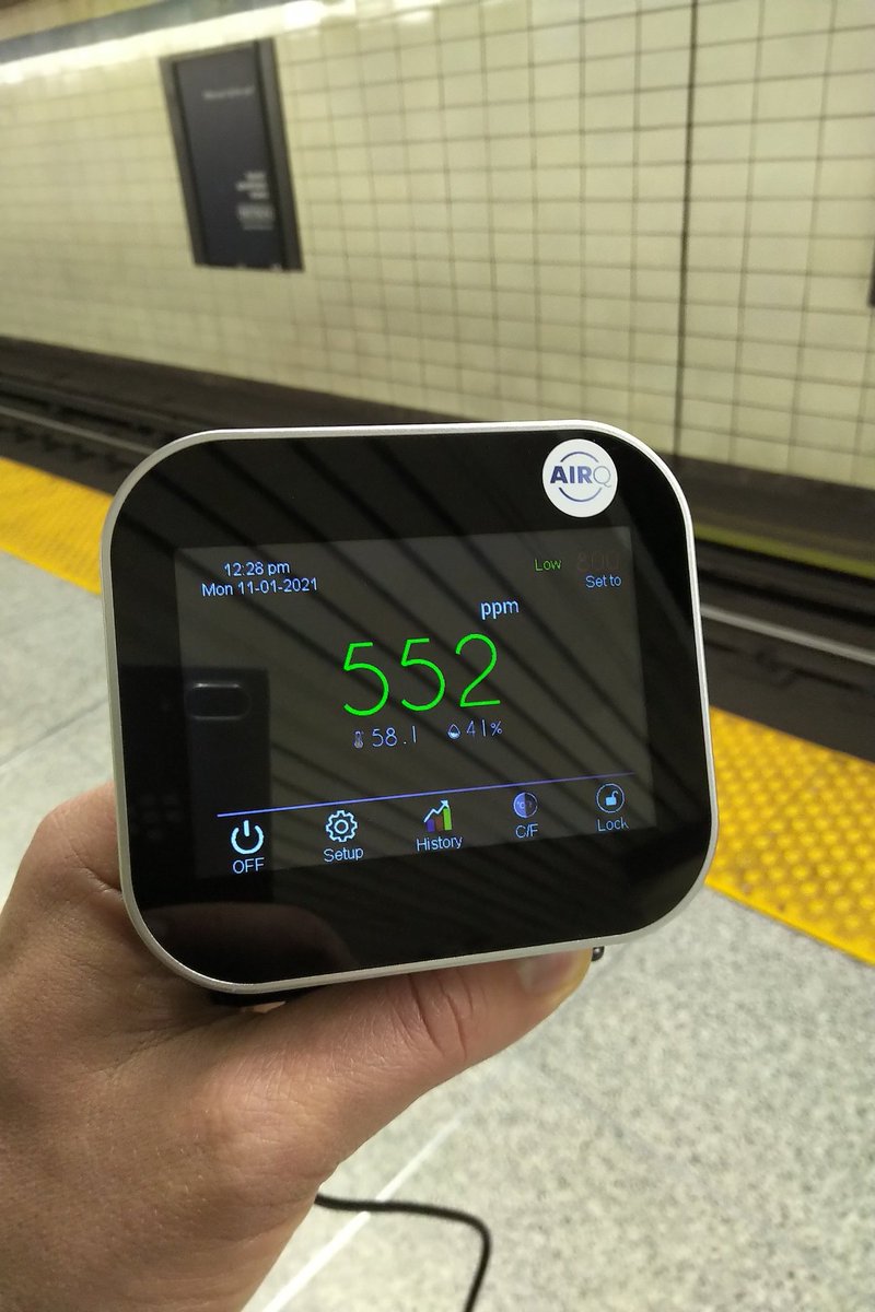 And for your  #Toronto commute, the  #ttc has good quality air (when relatively empty) . I'll brave a reading at rush hour later today. We can't manage what we don't measure. Co2 sensors  @AirQ007 should be in all public spaces.