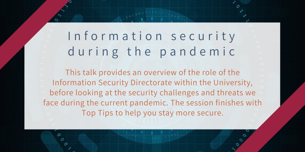 Join the <a href="/UoEInfoSec/">UoE InfoSec</a> team on Thursday (14th Jan) for an hour long talk on 'Information Security during the pandemic' - 10 - 11am. 
Open to all UoE students &amp; staff. 
Book your place: edin.ac/35vXAlu
