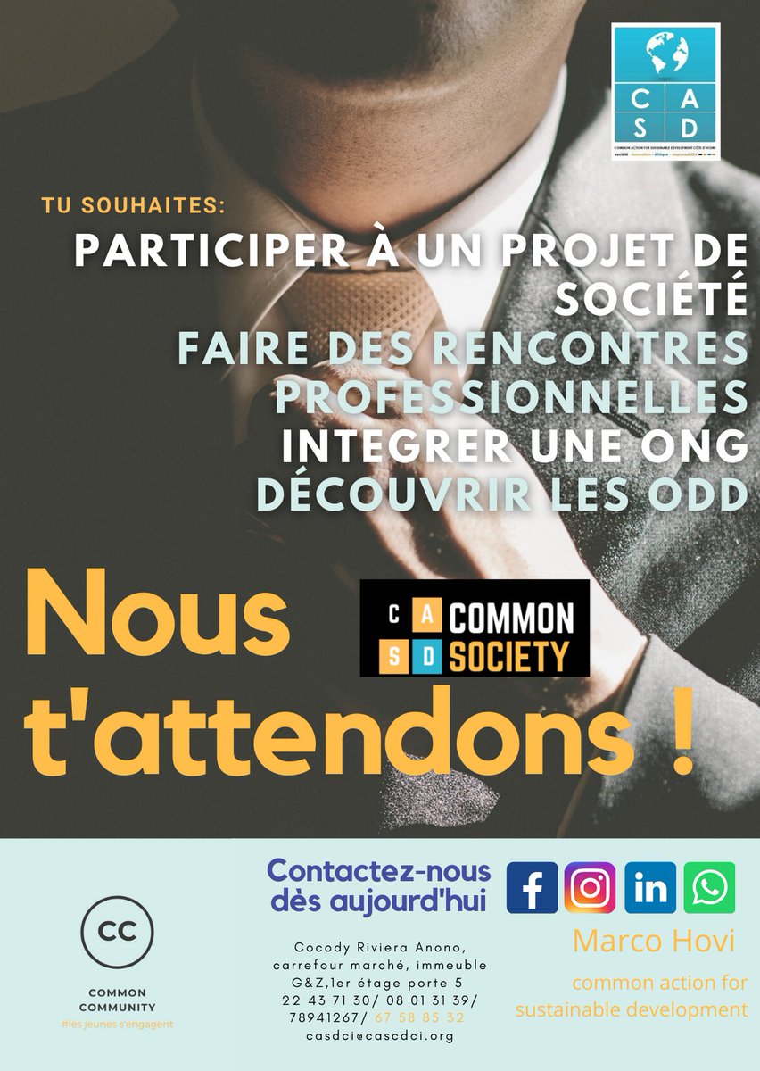 La Common Society est un groupe de discussion et de réalisation de projets. ces projets ont pour thème les #ODD et visent un bien être social.
les adhérents seront initiés à la gestion de projet et à la gestion des réseaux sociaux; puis seront amener à réaliser un projet commun