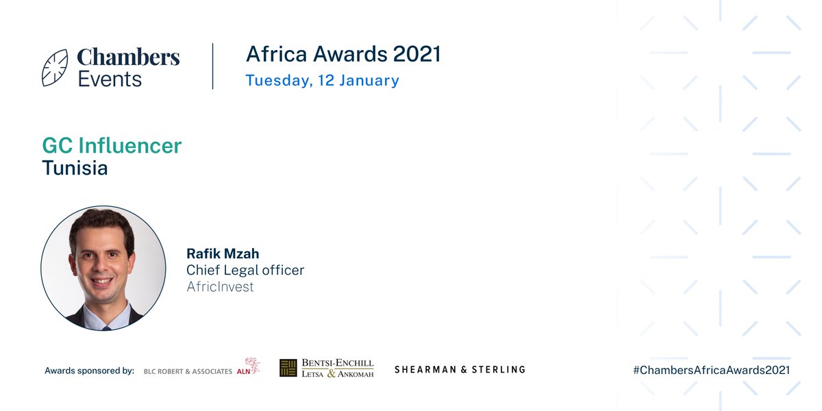 The winner of GC Influencer Tunisia at the #chambersafricaawards2021 is Rafik Mzah of @AfricInvest_Grp A truly remarkable achievement and reflection of Rafik’s hard work and dedication over the past 12 months.