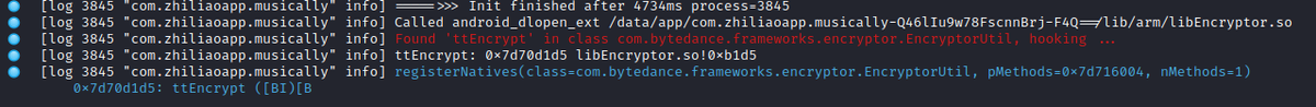 As you might expect, TikTok uses the 'registerNative' approach. The screenshot below shows log output from a custom tool, which monitors JNI methods registered by instrumented Android apps (TikTok's encryption method in the example)