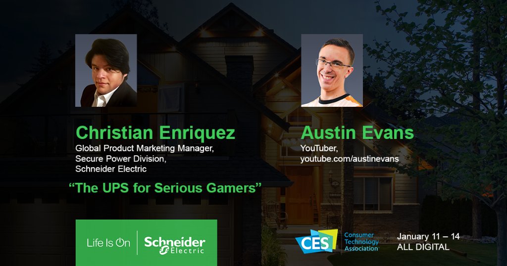 SchneiderNA's tweet photo. Calling all #gamers! Join SE Global Product Manager Christian Enriquez and @AustinnotDuncan today @ 3:15 EST as they unveil the APC Back-UPS™ Pro Gaming uninterruptible power supply solution. Register here: https://t.co/iE2DhDd2xU #CES2021 #LifeIsOn https://t.co/UUvWcQTNMC