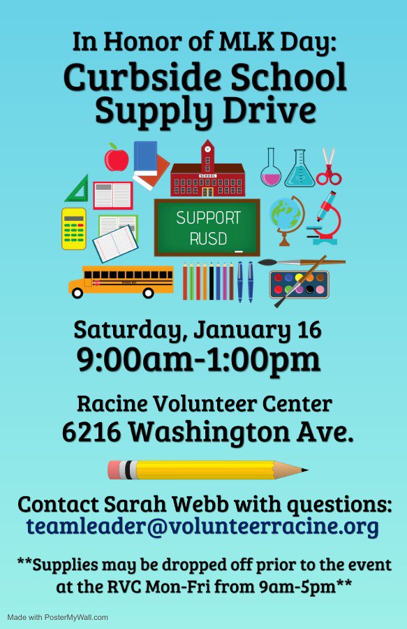 Please consider supporting RUSD by donating school supplies to the curbside school supply drive in honor of MLK day! You can also support the school supply drive by sharing this information with friends and family. Come on Panthers!! <a href="/Park_Panthers/">Racine Park Panthers</a>
