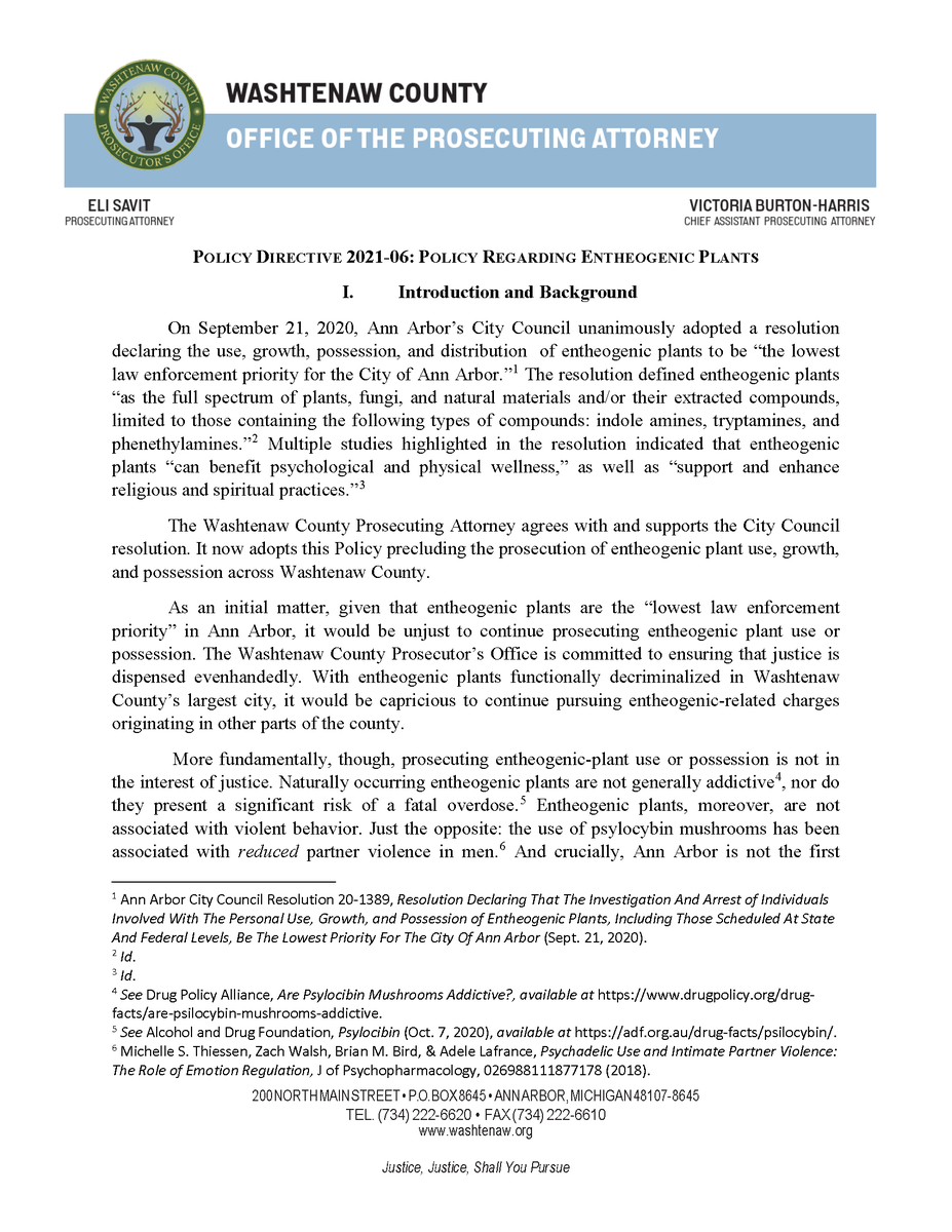 As noted, we’re also announcing today that we will no longer be pursuing charges related to entheogenic plants (most prominently, psilocybin mushrooms). You can read that full policy here:  https://www.washtenaw.org/DocumentCenter/View/19155/Entheogenic-Plants-Policy /10