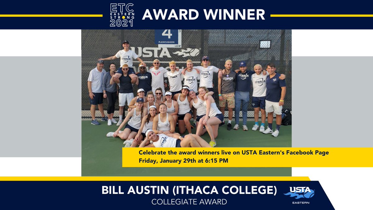 USTAEastern's tweet photo. Recently retired @IthacaCollege men's and women's tennis coach, Bill Austin, receives the USTA Eastern Collegiate Award. Bill coached there for 20 years, with a successful record of 20 conference titles and over 200 wins in each program.
#EasternStrong | #ETC2021
@IthacaTennis https://t.co/0zkYYFfDfO