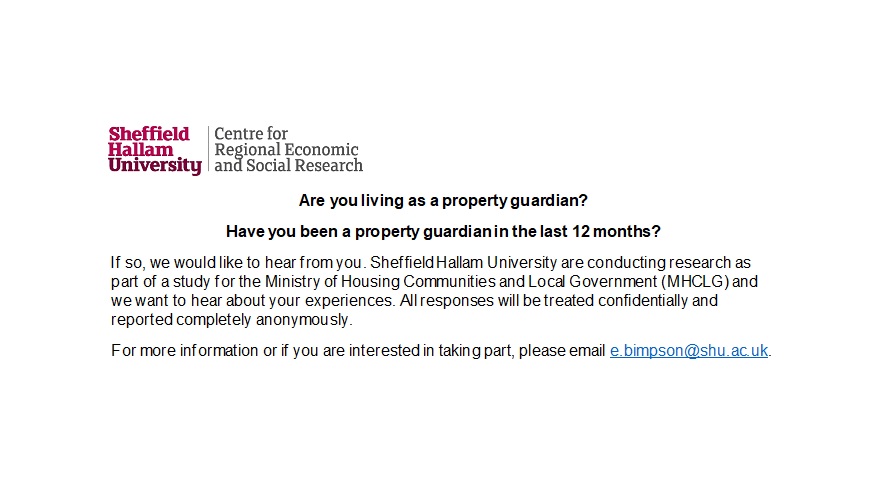 We're looking to speak to people living as #propertyguardians across England (current or recent) as part of @CRESR_SHU research. Please retweet and let me know if you can help. Thanks!