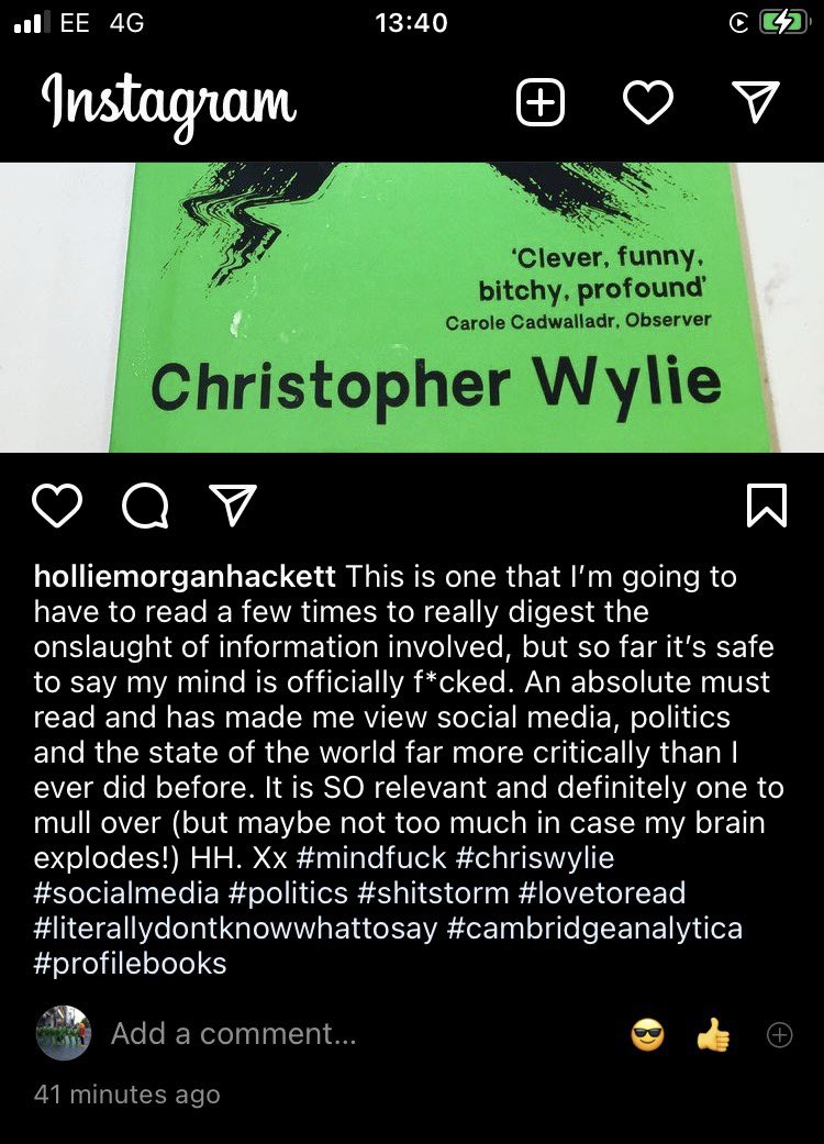 A friend of mine posted this on Insta. I thought I repost it here so people banned from that platform can read it too 🙈 I also think it is a great book, if you read 1 non-fiction (hopefully more🤞🏼) this year make it this one. #mindfuck <a href="/chrisinsilico/">Christopher Wylie 🏳️‍🌈</a>