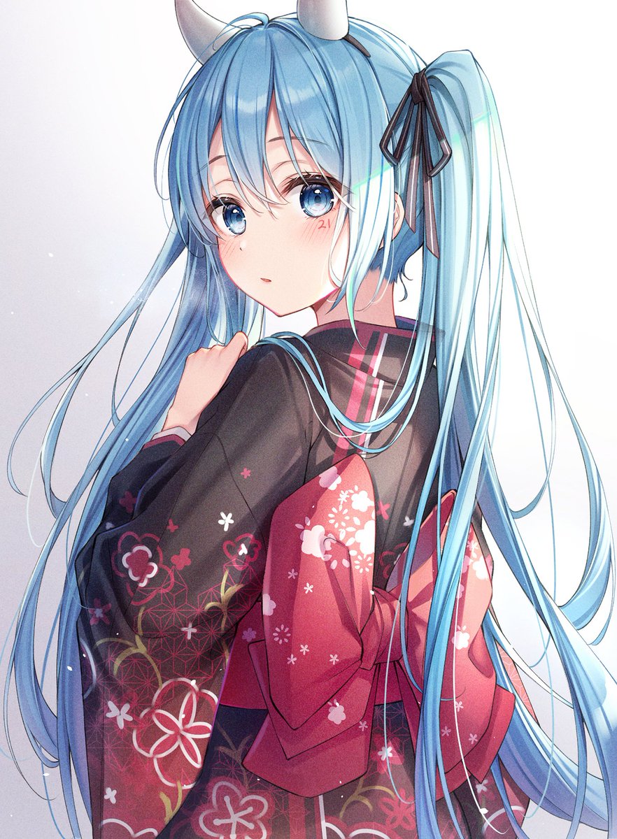 hatsune miku 1girl solo long hair japanese clothes kimono horns twintails  illustration images