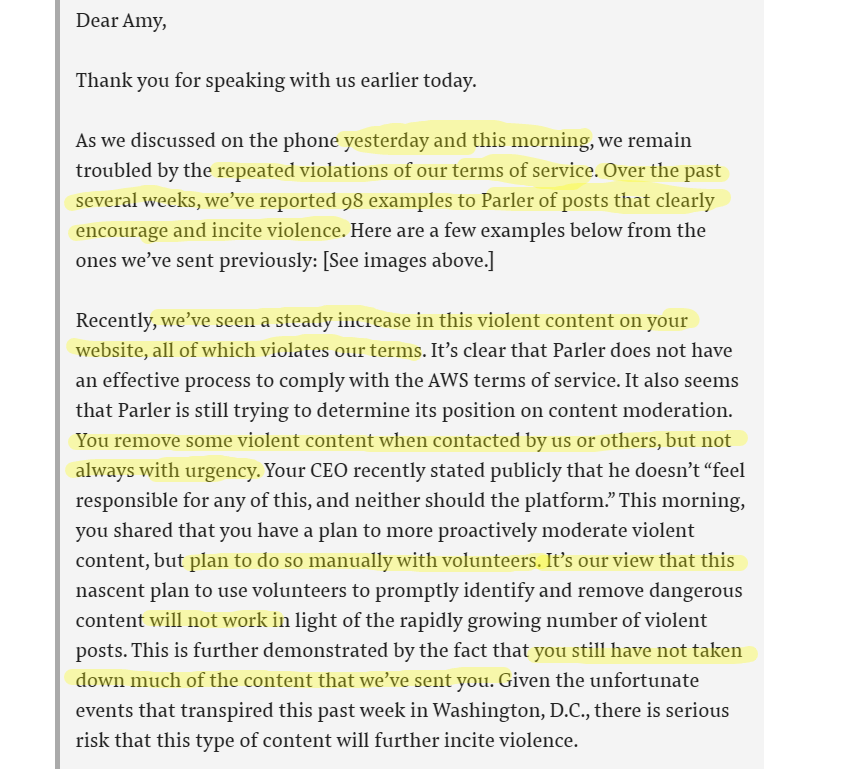 Also, they talked about Amazon's letter to them. Here it is. Note what it says: We've been raising issues about this stuff for weeks, you haven't responded effectively, and you've affirmatively told us that you won't be responding effectively