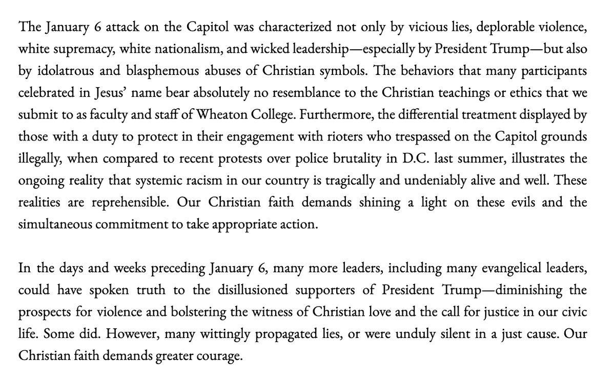 publicroad's tweet photo. Statement signed by 223 faculty and staff at evangelical Wheaton College condemns the "vicious lies, deplorable violence, white supremacy" and "blasphemous abuses of Christian symbols" on display in Washington last week. https://t.co/M6gT5sx42l https://t.co/nju1B93AGz
