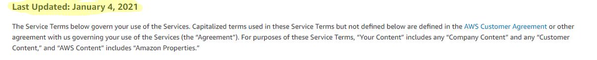 Let's take a look at Amazon's relevant agreements and terms.Amazon's AWS Terms of service, which expressly bind any customer to the Amazon Acceptable Use Policy