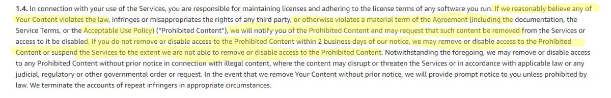 Let's take a look at Amazon's relevant agreements and terms.Amazon's AWS Terms of service, which expressly bind any customer to the Amazon Acceptable Use Policy