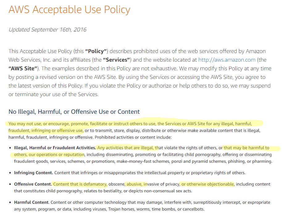 Amazon's Acceptable Use Policy, which says "nothing illegal, or that may harm others, or that may harm our reputation, or offensive"