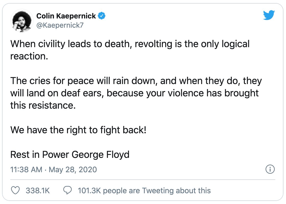 4/ Calling for a revolution in a functioning democracy is NEVER the answer. It certainly wasn't appropriate for  @Kaepernick7 to call on Americans to fight the police.  #incitement