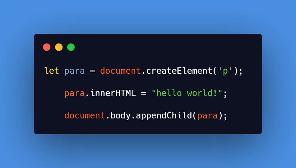 Creating HTML Element & appending to documentdocument.createElement() is used to create an HTML Element & appendChild() method is used append it.Below code creates a p tag & appends it to the body tag