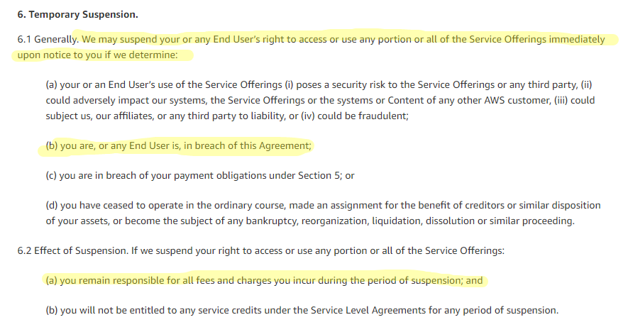 6.1: We get to suspend your access to AWS *without any notice at all* if you violate the customer agreement (which, as referenced in the above Tweet, Parler inarguably did)