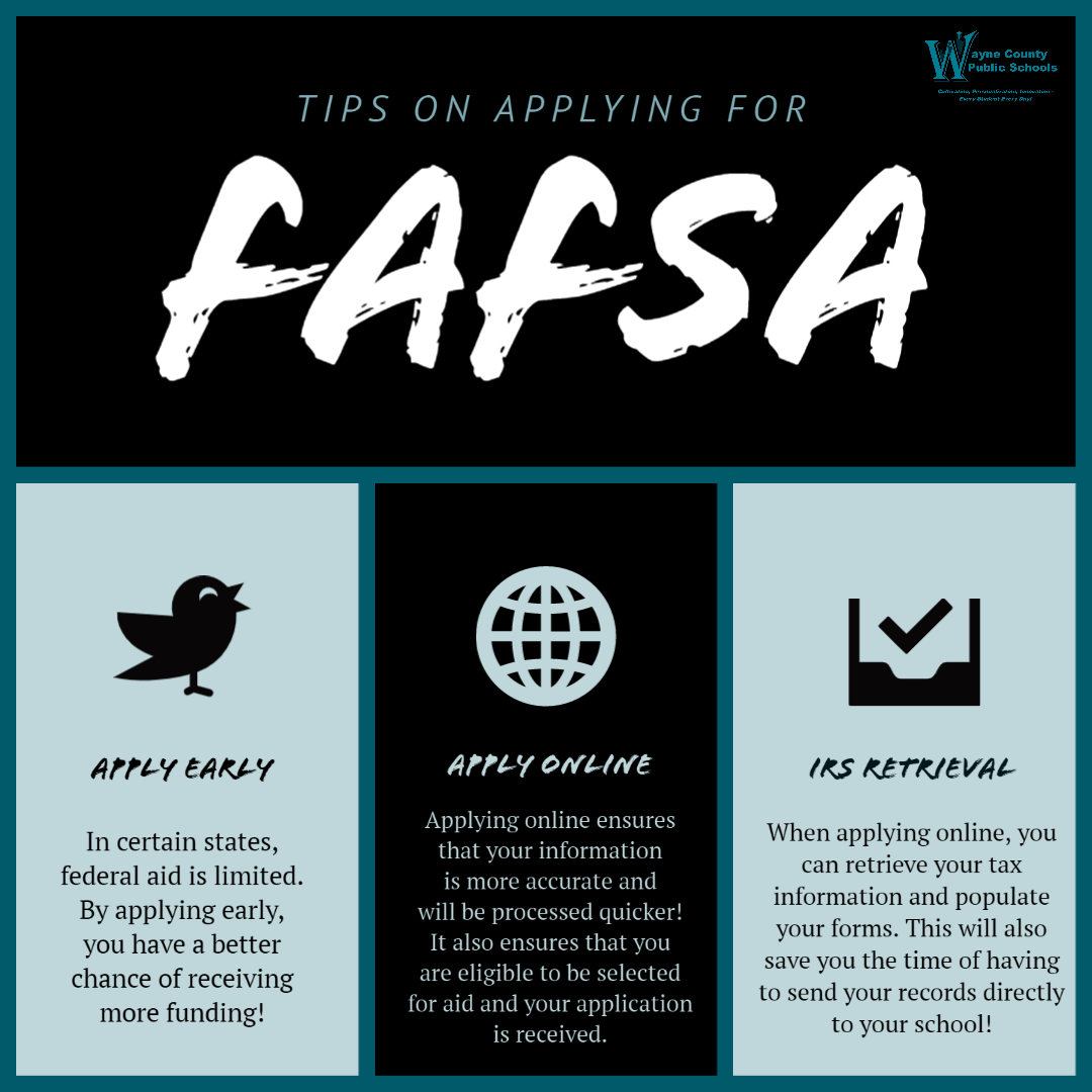 WayneCountyPS's tweet photo. It's still college application season and completing the Free Application for Federal Student Aid (FAFSA) is a crucial part of the process!

Contact your school guidance counselor for additional information and check out @CFNC for free, online resources. https://t.co/znYTs3Uy7S https://t.co/2bMUp6TGN7