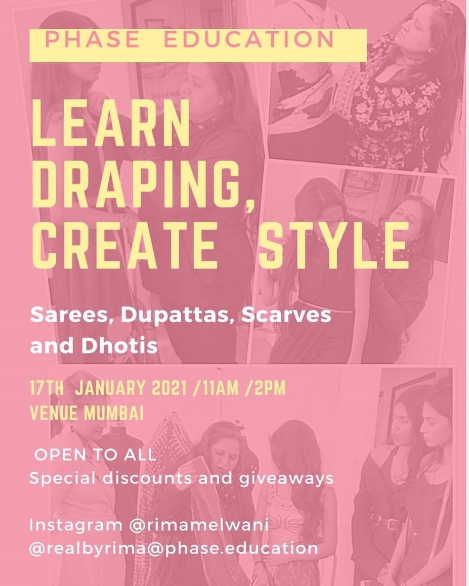 Learn how to drape and reinvent your look with Instagram @rimamelwani @realbyrima @phase.education 
Group and Individual sessions 
#mumbai #style #fashion #fashiondesigner #scarves #fashionstyling #Trending #costumedesigner #fashionstylist #fashion #education #globalfashion