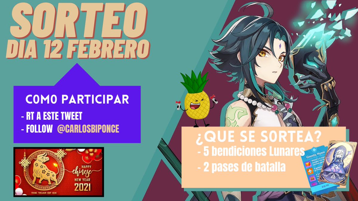✨🎎SORTEO PARA EL AÑO NUEVO CHINO🎎✨

El día 12 de Febrero es el año nuevo chino🐉.Y para celebrarlo abrá:

- Sorteos 🧧🎉
- Cosplay de la Diosa Ningguang 💎🎀
- Tiradas de banner 🌟💸

- Los ganadores se darán en directo ese mismo día: twitch.tv/zumitotwitch

Os espero! 🥰