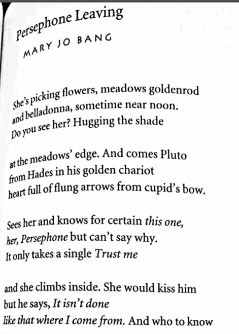 "Persephone Leaving" by Mary Jo Bang