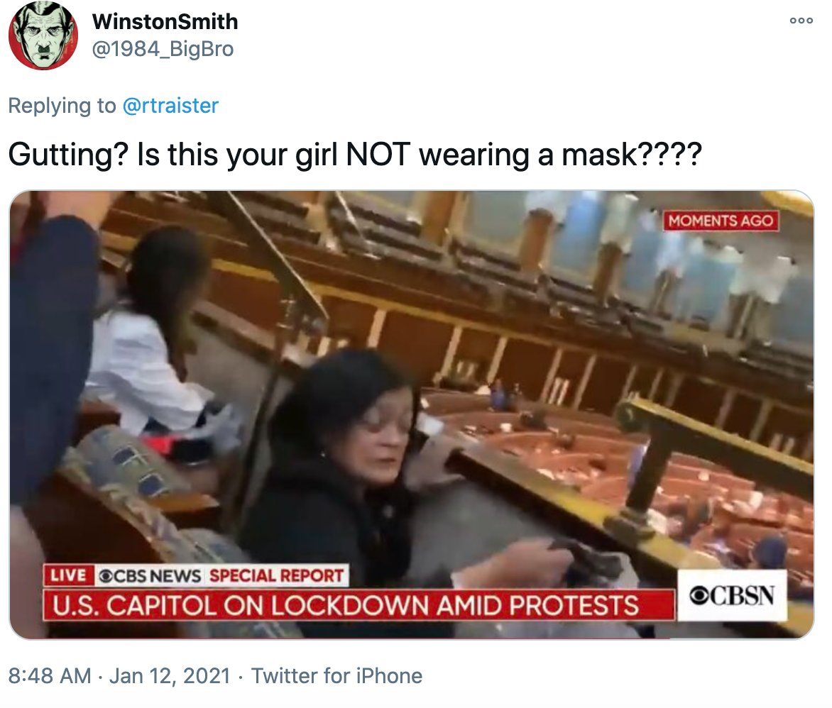 Today I woke to many self-satisfied people tweeting me some version of this photo, showing Jayapal, on Weds, not wearing her own mask. Hey, great catch, gob-rockets! That thing you see in her right hand? It is the gas mask she's been asked to put on by Capitol police.