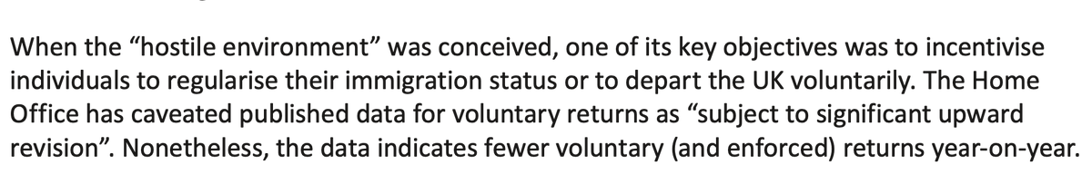 And voluntary (and enforced) returns have *fallen* since hostile environment was introduced, the opposite of what was intended. While thinking about that, consider also the appalling price that was paid by the Windrush generation for this ill conceived policy.