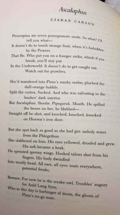 From the "After Ovid" volume: "Ascalaphus" by Ciaran Carson.