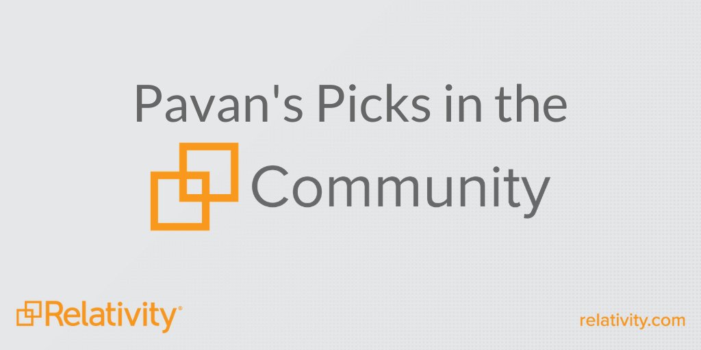 RelativityHQ's tweet photo. #PavansPicks are back for 2021, so stop by the #RelativityCommunity to catch up on what's new in the #ediscovery world: https://t.co/ZYDWUSwmdK

This week @pavan1606 features @kellytwigger @acedsonline @EDiscoveryCat @edrm @TodayEdiscovery #legaltech https://t.co/qVhqk14OEa