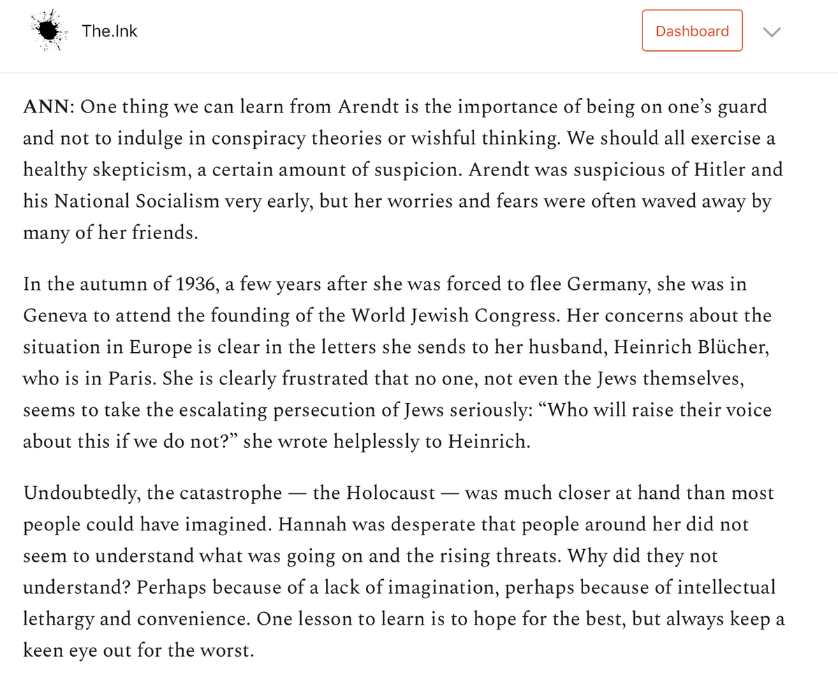 Arendt's life is also a reminder of the usefulness of alarmism. https://the.ink/p/arendt&nbsp;