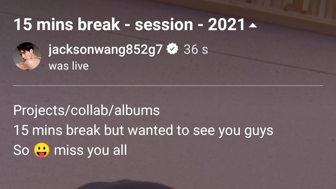 WangBrazil's tweet photo. [#JACKLIVE] 210112

Assista a repetição da live do Jackson no instagram aqui:

https://t.co/pTMWtO2fy1

"Projetos/collab/álbuns 
15 mins de intervalo mas queria ver vocês
Então 😛 eu sinto falta de todos vocês"

#JacksonWang #王嘉尔 #잭슨 #TEAMWANG #GOT7  @JacksonWang852 https://t.co/SDQYEPJpLH