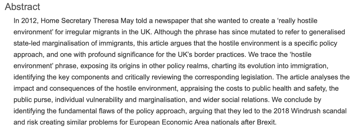 Seems like a good moment to mention that my article with  @MBEGriffiths mapping and analysing the hostile environment in Critical Social Policy has just been published and is open access  https://journals.sagepub.com/doi/full/10.1177/0261018320980653