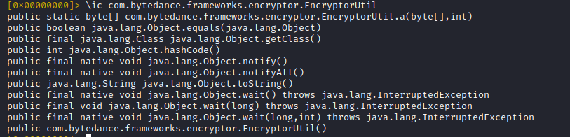 The '\\ic <classname>' command lists the !Java! methods of the respective classThe signature of the static method 'EncryptorUtil.a' should look familiar to us (if you read the first tweets). It represents the Java layer of the encryption method and is called 'a' in this version