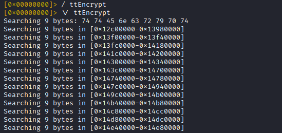 ... but we are here for the native layer and to inspect data at runtime, right?So lets search the whole address space for our native method name 'ttEncrypt'Note: If you'd use r2's ascii search nothing would happen, you have to use the '\\' prefix to search with r2frida