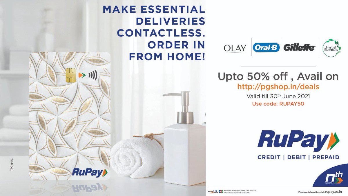 RuPay_npci's tweet image. Pamper yourself and your family with this amazing offer on P&amp;amp;G products with RuPay! Use our RuPay card for purchases on the pgshop.in/deals website and get upto 50% OFF on the above brands. Use code RUPAY50 to avail your discount! #OneLifeOneRuPay @OlaySkin @Gillette