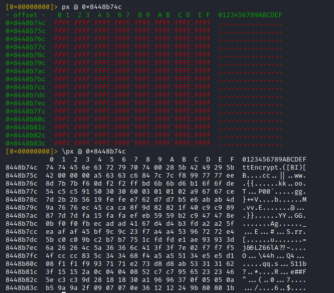 The screenshot below shows, that the attempt to print a hexdump from the address of the first hit fails with r2, while r2frida (backslash prefix) works.Reason: The memory region was not populated when r2 was started (encryption library was loaded after process launch)