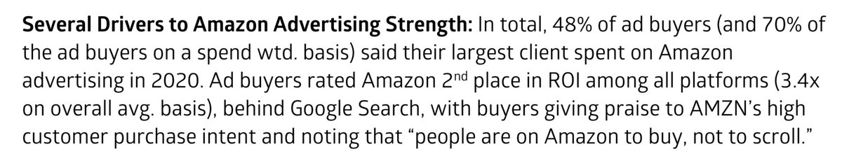 Second, when asked 'why is amazon gaining share', respondents noted the strong ROI. This makes sense because if you think about the funnel - the bottom of the funnel is someone on Amazon looking for a SKU and someone on Google saying: "I want a Nikon Z6 camera"