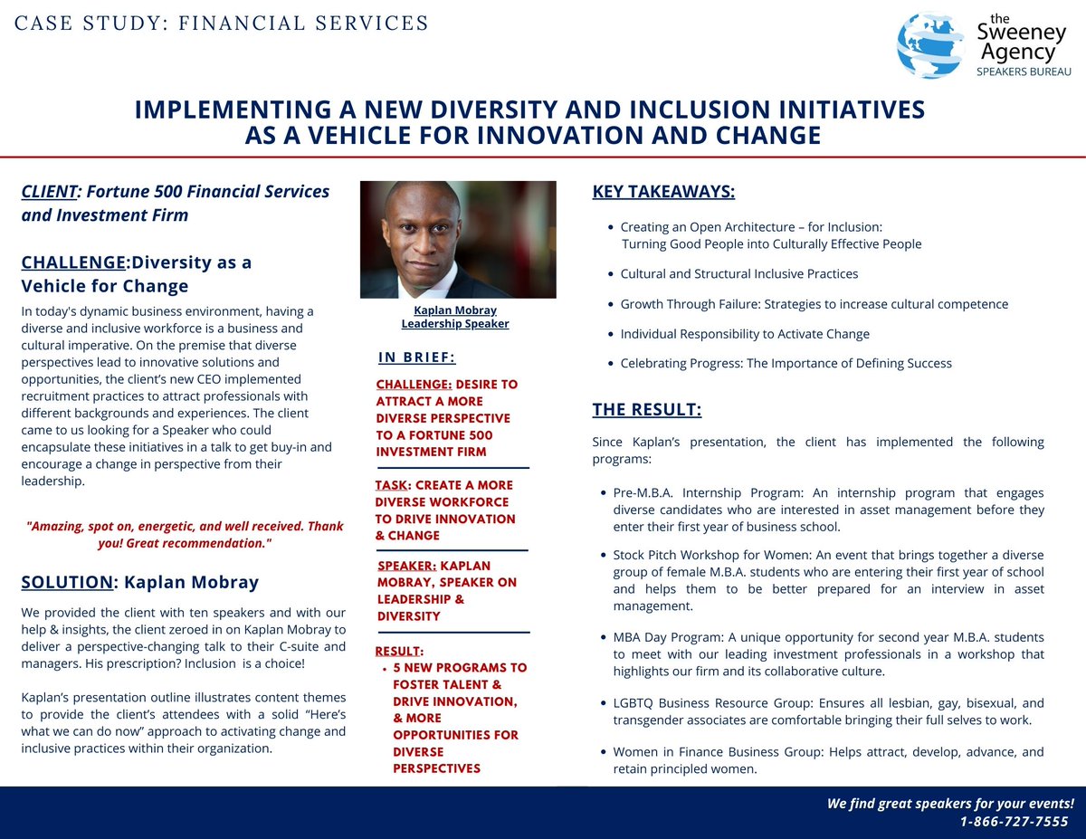 Derek Sweeney (@dsweeneyagent) on Twitter photo Can Diversity & Inclusion initiatives change the way your organization functions?
Yes. Here's how <a href="/kaplanmobray/">Kaplan Mobray</a> helped a Fortune 500 Financial firm create a diverse workforce from the ground up.
#leadership #diversityandinclusion #virtualevents #speakersbureau #keynotespeaker Can Diversity & Inclusion initiatives change the way your organization functions?
Yes. Here's how <a href="/kaplanmobray/">Kaplan Mobray</a> helped a Fortune 500 Financial firm create a diverse workforce from the ground up.
#leadership #diversityandinclusion #virtualevents #speakersbureau #keynotespeaker